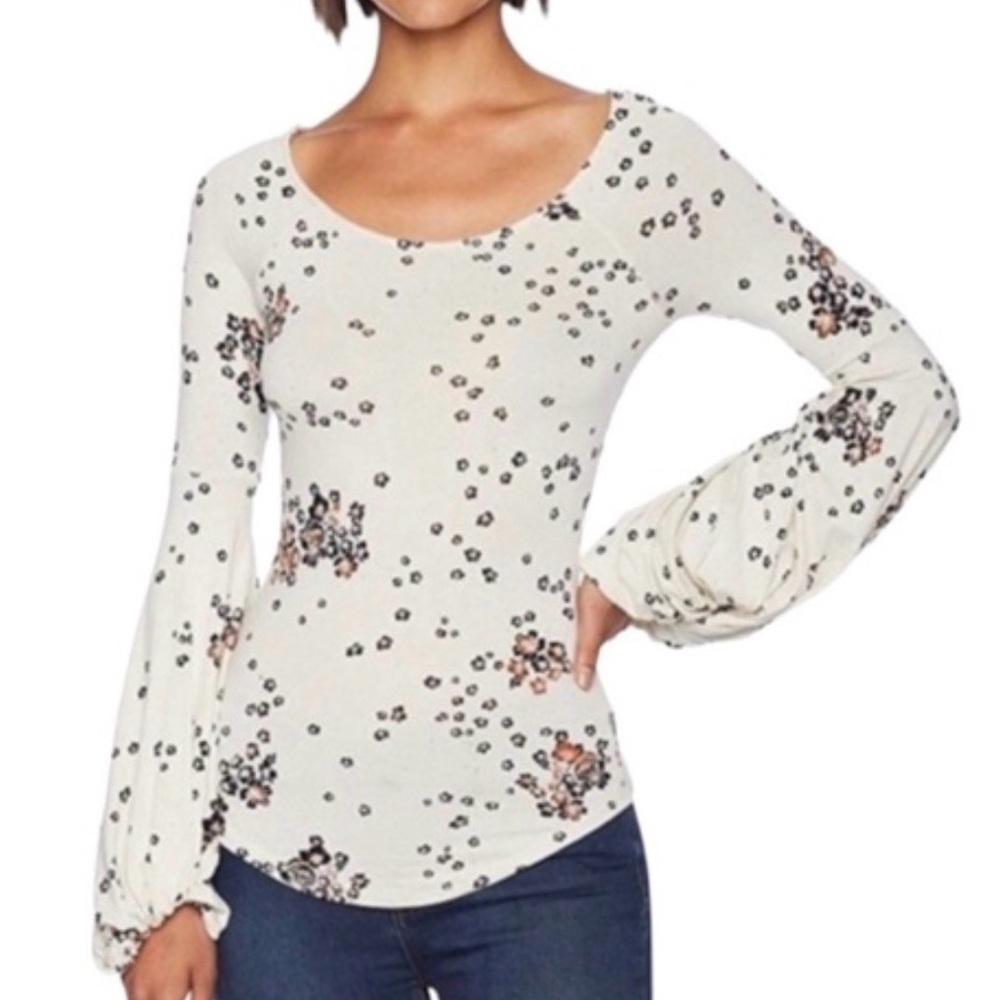 Free People‎ Cream Floral Long Sleeve Top